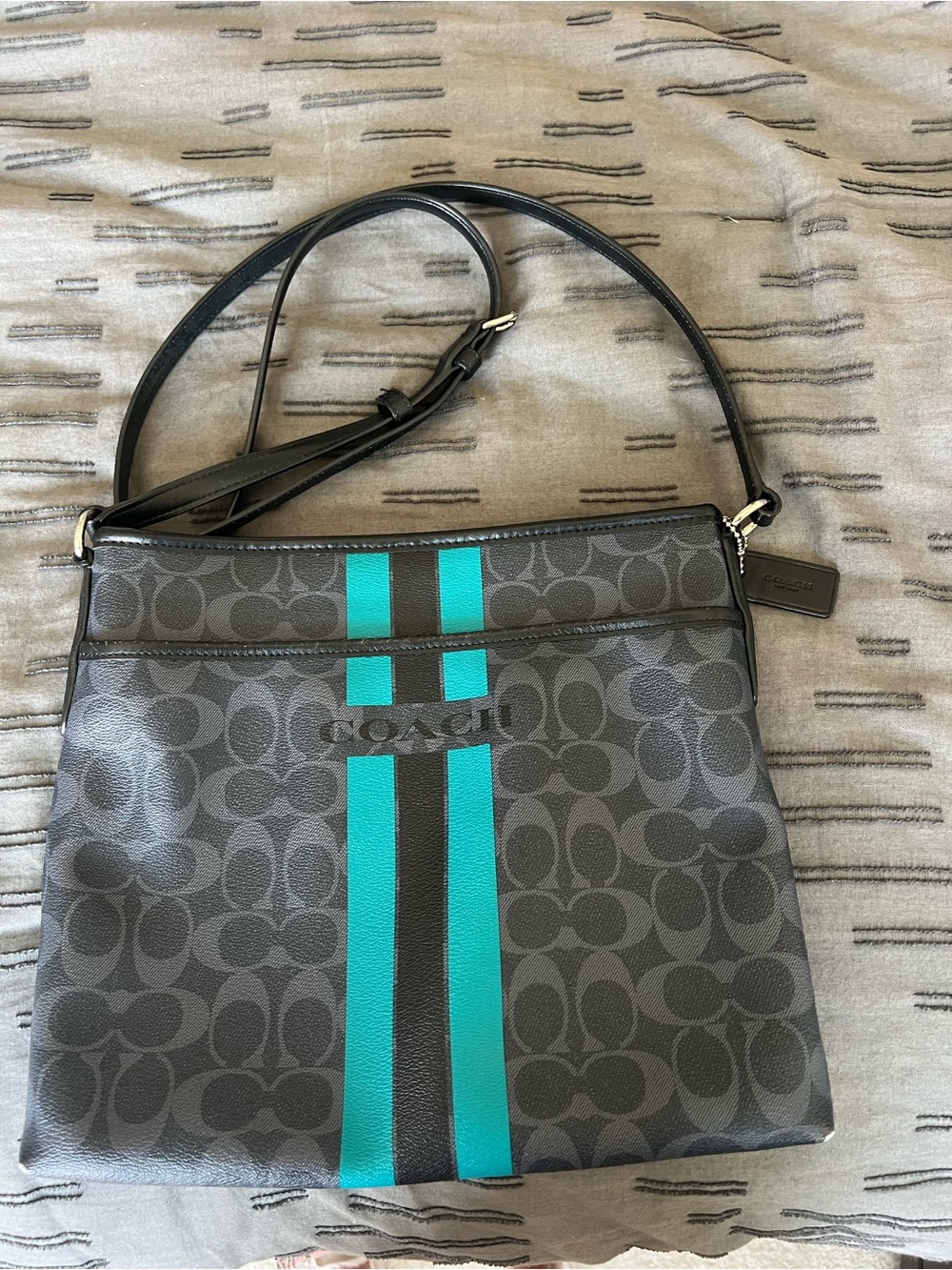Coach gray & navy blue Signature Crossbody with Teal Stripe Accent
